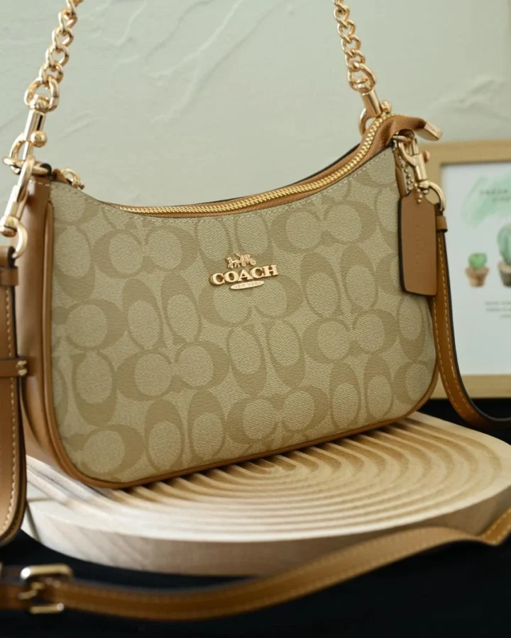 Coach Teri Beige Shoulder Bag, Jacquard Crossbody Purse, Luxury Designer Handbag
