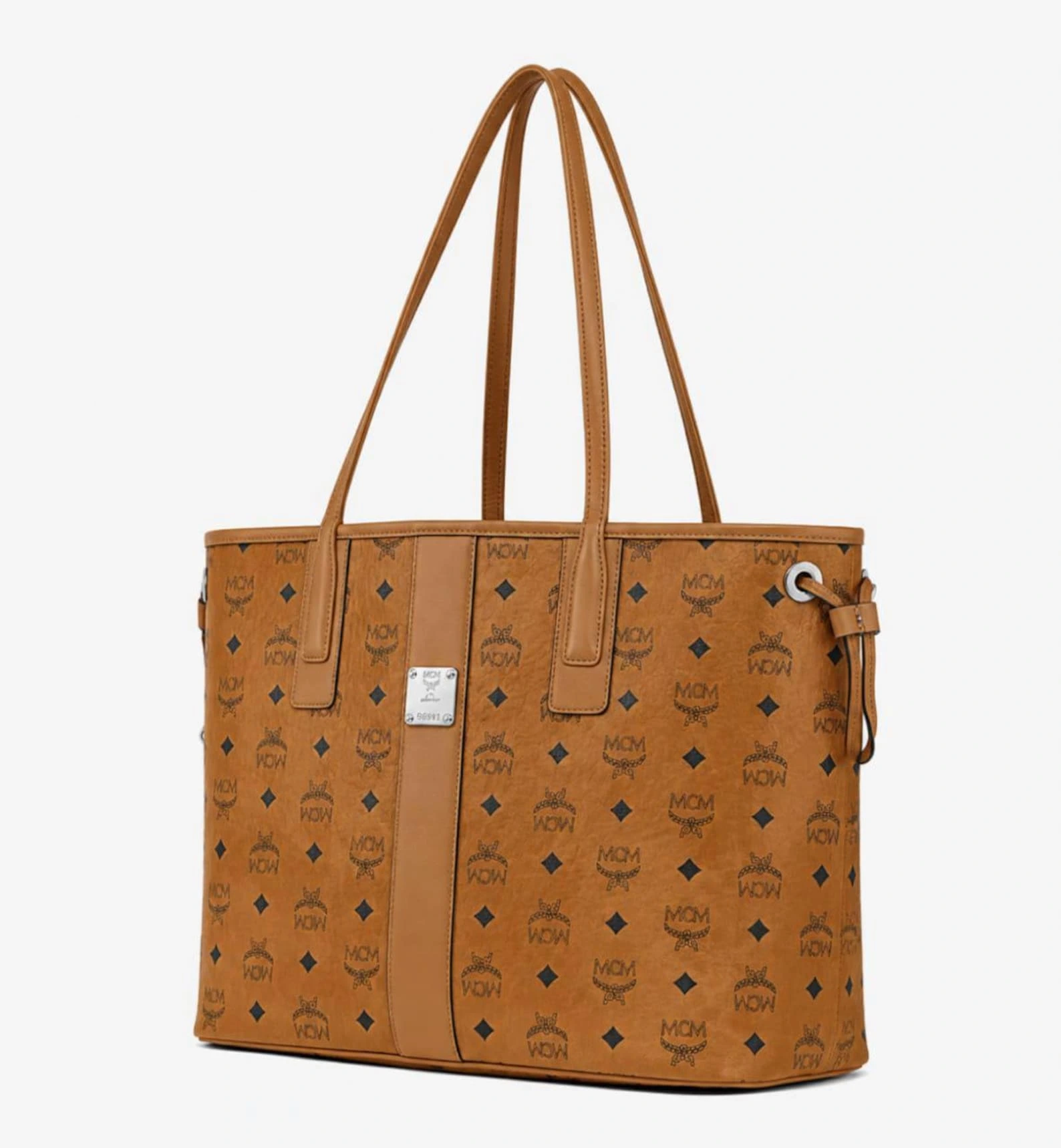 MCM Monogram Leather Tote Bag, Spacious Shoulder Carryall, Elegant Brown Work Purse - Image 2