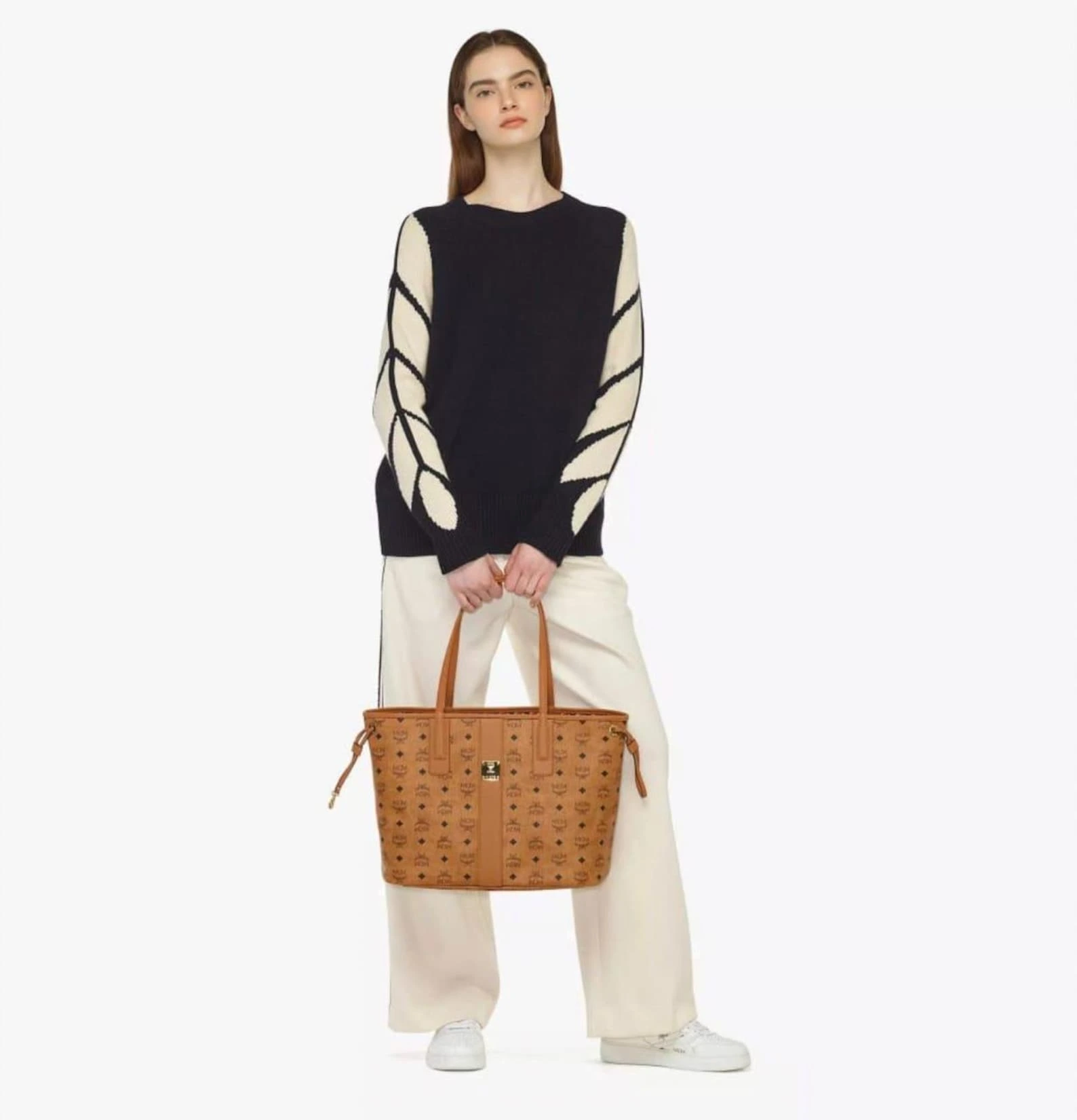 MCM Monogram Leather Tote Bag, Spacious Shoulder Carryall, Elegant Brown Work Purse - Image 6