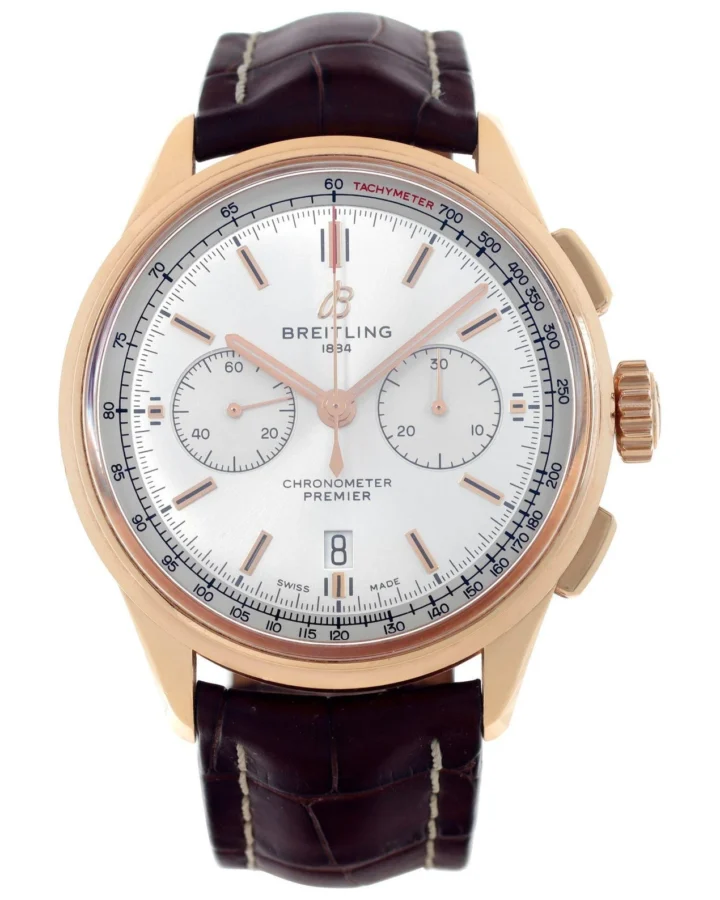 Breitling Premier Men's Chronograph Watch, Gold Case, Brown Leather Strap, Luxury Watch, Gift for Him
