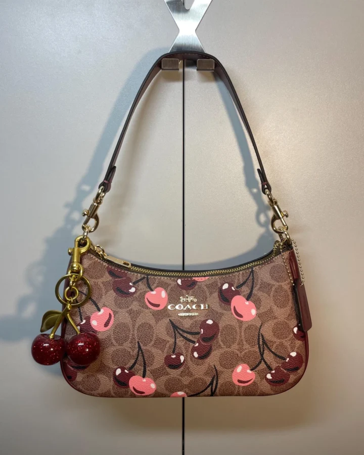 Coach Teri Shoulder Bag Cherry Print with Cherry Keychain Charm, Vintage Aesthetic Shoulder Purse, Y2K Handbag, Gift for Her