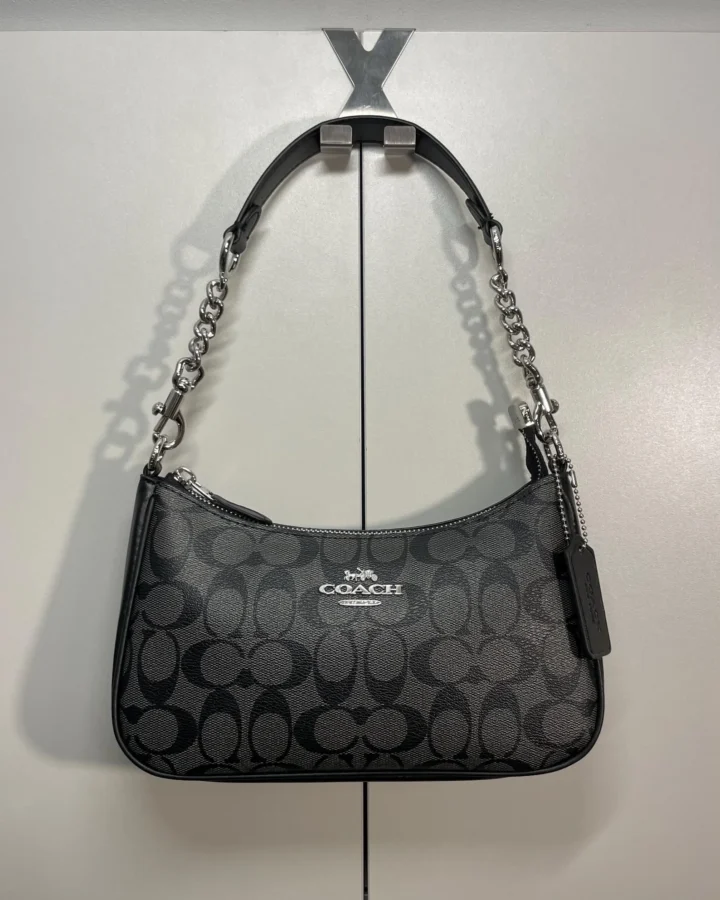 Coach Teri Shoulder Bag Signature Canvas Black Charcoal, Vintage Aesthetic Purse, Y2K Handbag, Gift for Her