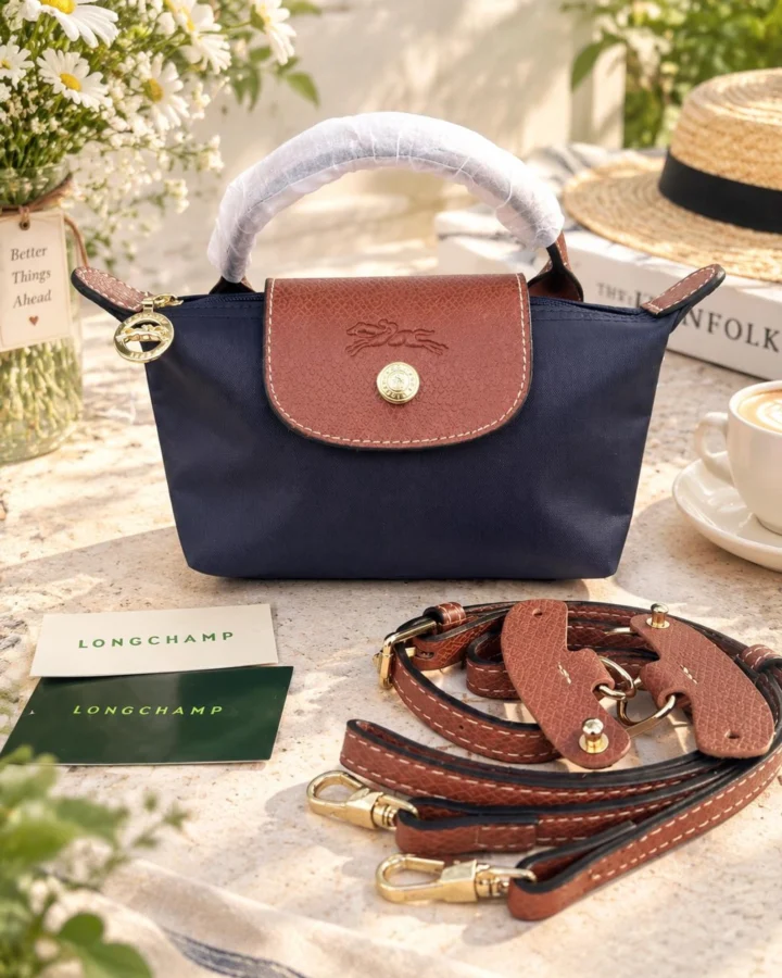 Longchamp Mini Nylon Crossbody Bag, Blue Everyday Purse, Lightweight Travel Handbag